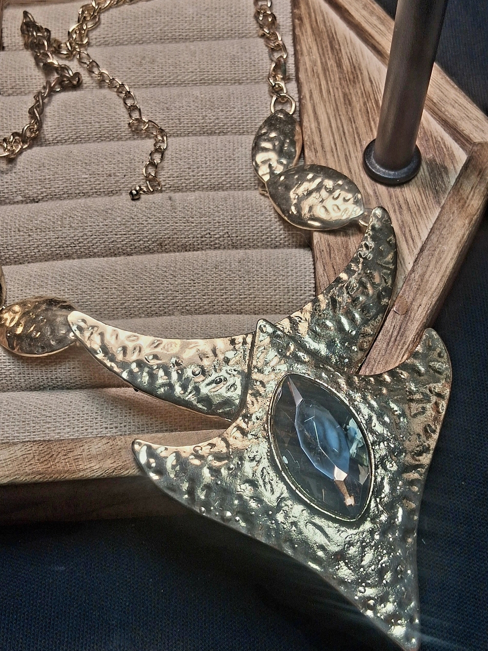 Gold-Tone Hammered Statement Necklace with Clear Marquise Gem  14" To 16" Ajusta